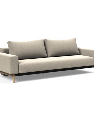 beiges Klappsofa mit Holzbeinen und Kissen